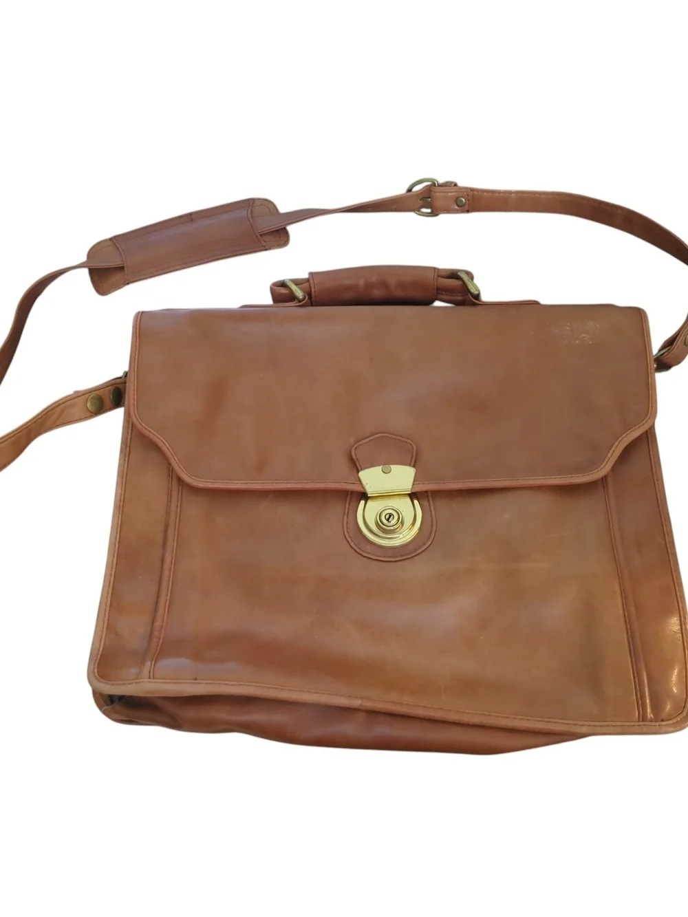 Tanner West Vintage Cognac Leather Briefcase Shoulder Strap Satchel Flap Over
